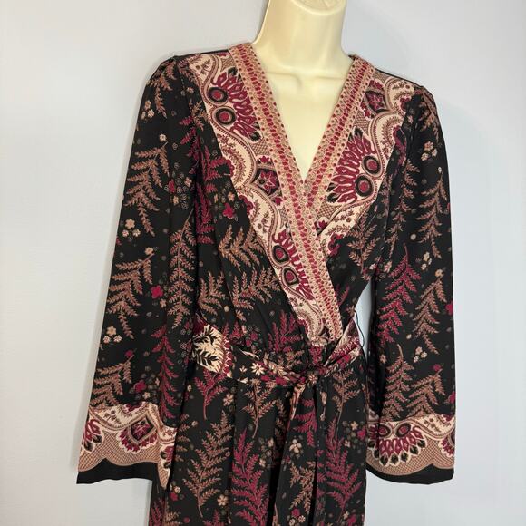 One September Jumpsuit  Wide Leg Wrap Bodice Embroidered Black Burgundy Boho XS - Picture 3 of 14